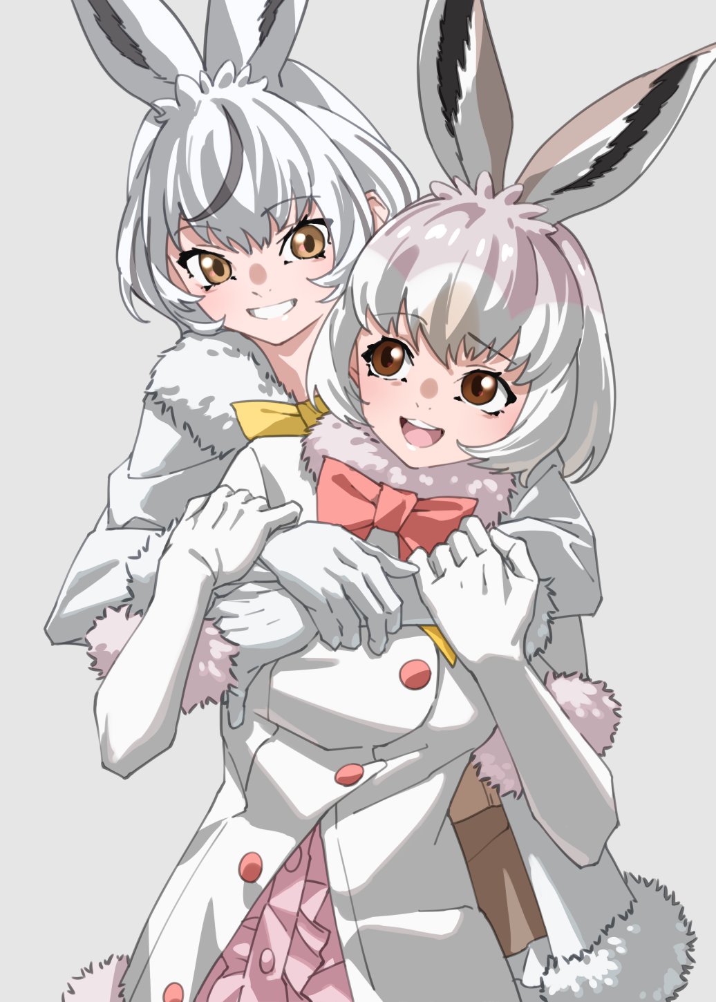 2girls, animal_ears, blush, bow, bowtie, brown_eyes, center_frills, coat