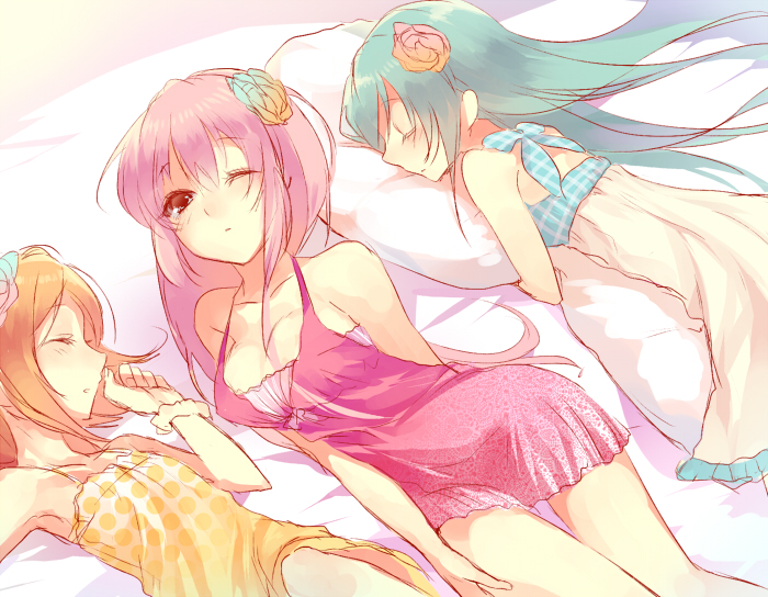 3girls, aobara, aqua_hair, bow, dress, closed_eyes, face_down, flower