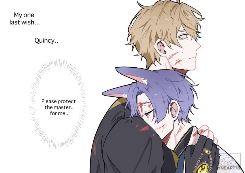 2boys, bags_under_eyes, black_gloves, blonde_hair, blood, blood_on_face, blood_on_hands, crying, crying_with_eyes_open, english_text, fingerless_gloves, fox_boy, gem, gloves, hug, kuya_(nu_carnival), looking_to_the_side, lyneart18, male_focus, mole, mole_under_eye, multiple_boys, muscular, muscular_male, nu_carnival, orange_eyes, quincy_(nu_carnival), short_hair, tears, yellow_gemstone