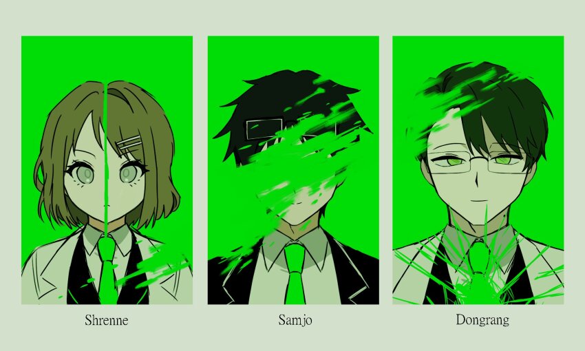 1girl, 2boys, bisected, black_hair, black_jacket, black_vest, brown_hair, character_name, collared_shirt, covered_eyes, dongrang_(project_moon), english_text, eyewear_on_head, formal_clothes, glasses, green_eyes, green_hair, grey_eyes, hair_ornament, hairclip, highres, jacket, k_corp, lab_coat, limbus_company, mole, mole_on_neck, multiple_boys, project_moon, samjo_(project_moon), shirt, short_hair, shrenne_(project_moon), spoilers, suit, suit_jacket, vest, white_shirt