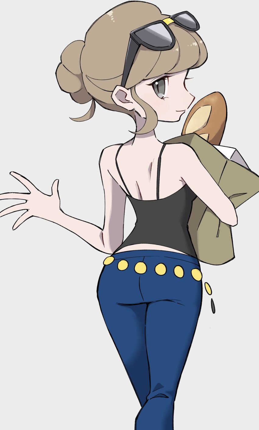 1girl, ass, ayakadegozans, bag, baguette, bare_shoulders, beauty_(pokemon), blue_pants