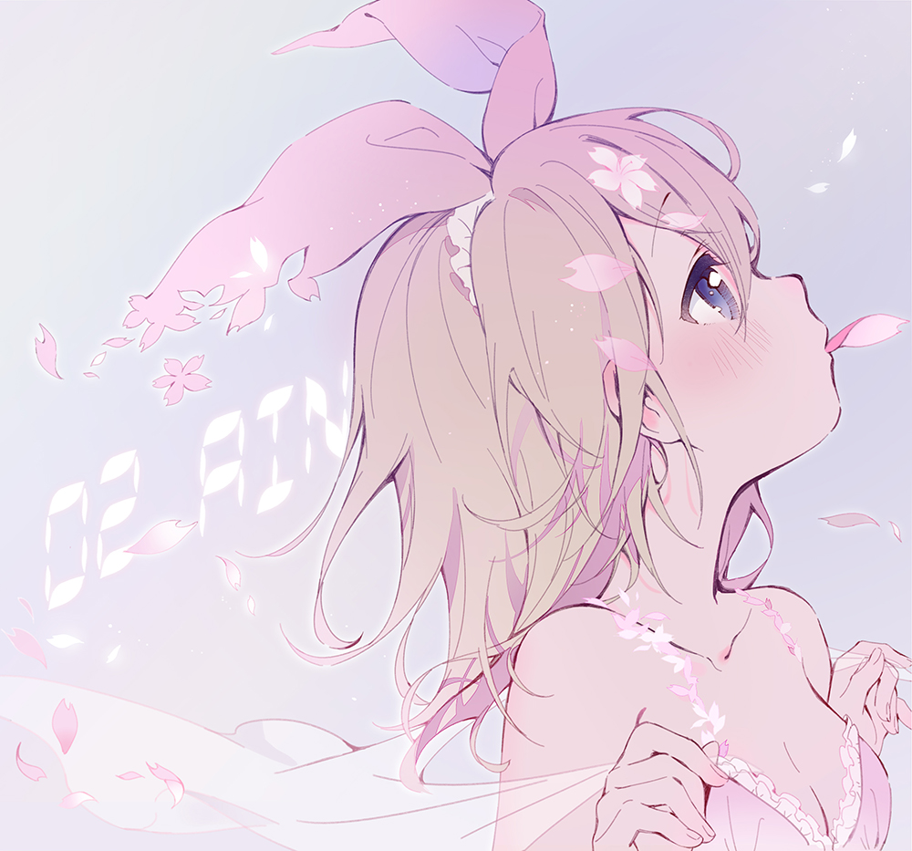 1girl, bare_shoulders, blonde_hair, blue_eyes, blush, bow, bow_hairband, breasts, camisole, character_name, cherry_blossoms, cleavage, collarbone, falling_petals, floral_dissolve, flower, frilled_camisole, frilled_hairband, frills, hairband, hmniao, holding, holding_petal, kagamine_rin, looking_up, mouth_hold, nightgown, petal_in_mouth, petals, pink_background, pink_bow, pink_camisole, pink_flower, pink_nails, small_breasts, solo, vocaloid