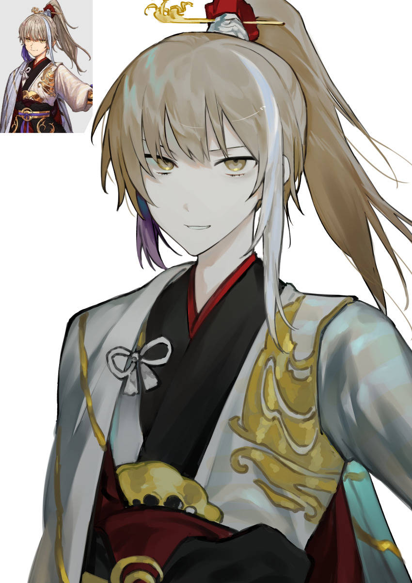 1boy, absurdres, archer_(fate/samurai_remnant), black_kimono, brown_eyes, chinese_commentary, commentary_request, fate/samurai_remnant