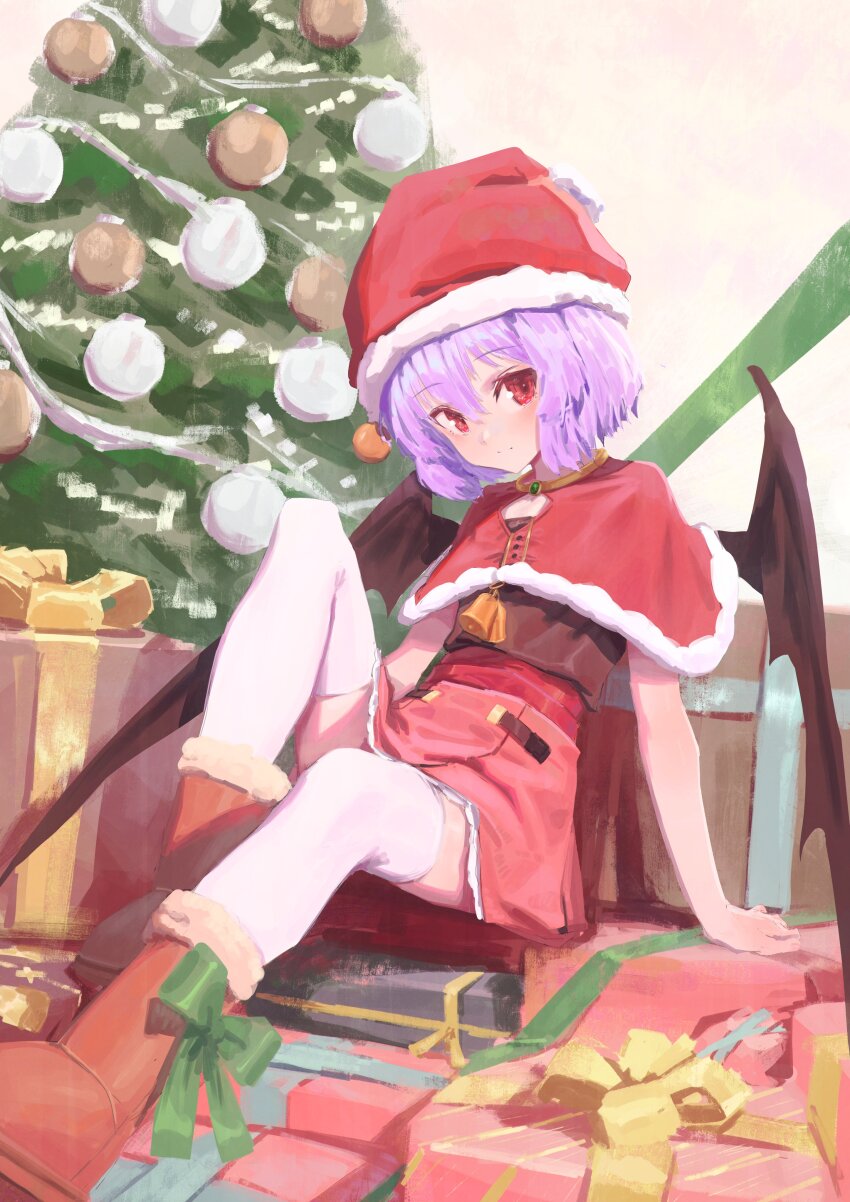 1girl, absurdres, alternate_costume, bat_wings, bell, blush, boots, bow, box, brown_shirt, capelet, christmas, christmas_tree, closed_mouth, fur-trimmed_boots, fur-trimmed_capelet, fur-trimmed_headwear, fur_trim, garland_(decoration), gem, gift, gift_box, gold_necklace, green_bow, green_gem, hair_between_eyes, hat, highres, indoors, jewelry, looking_at_viewer, necklace, nepperoni, pom_pom_(clothes), purple_hair, red_boots, red_capelet, red_eyes, red_hat, red_skirt, remilia_scarlet, santa_hat, shirt, short_hair, sitting, skirt, smile, solo, thighhighs, touhou, white_thighhighs, wings