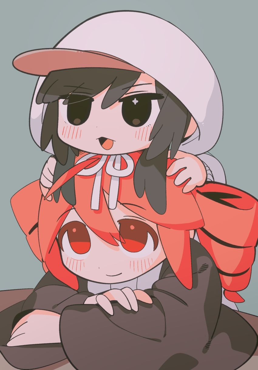 2girls, :3, alternate_costume, baseball_cap, behind_another, black_coat, black_eyes, black_hair