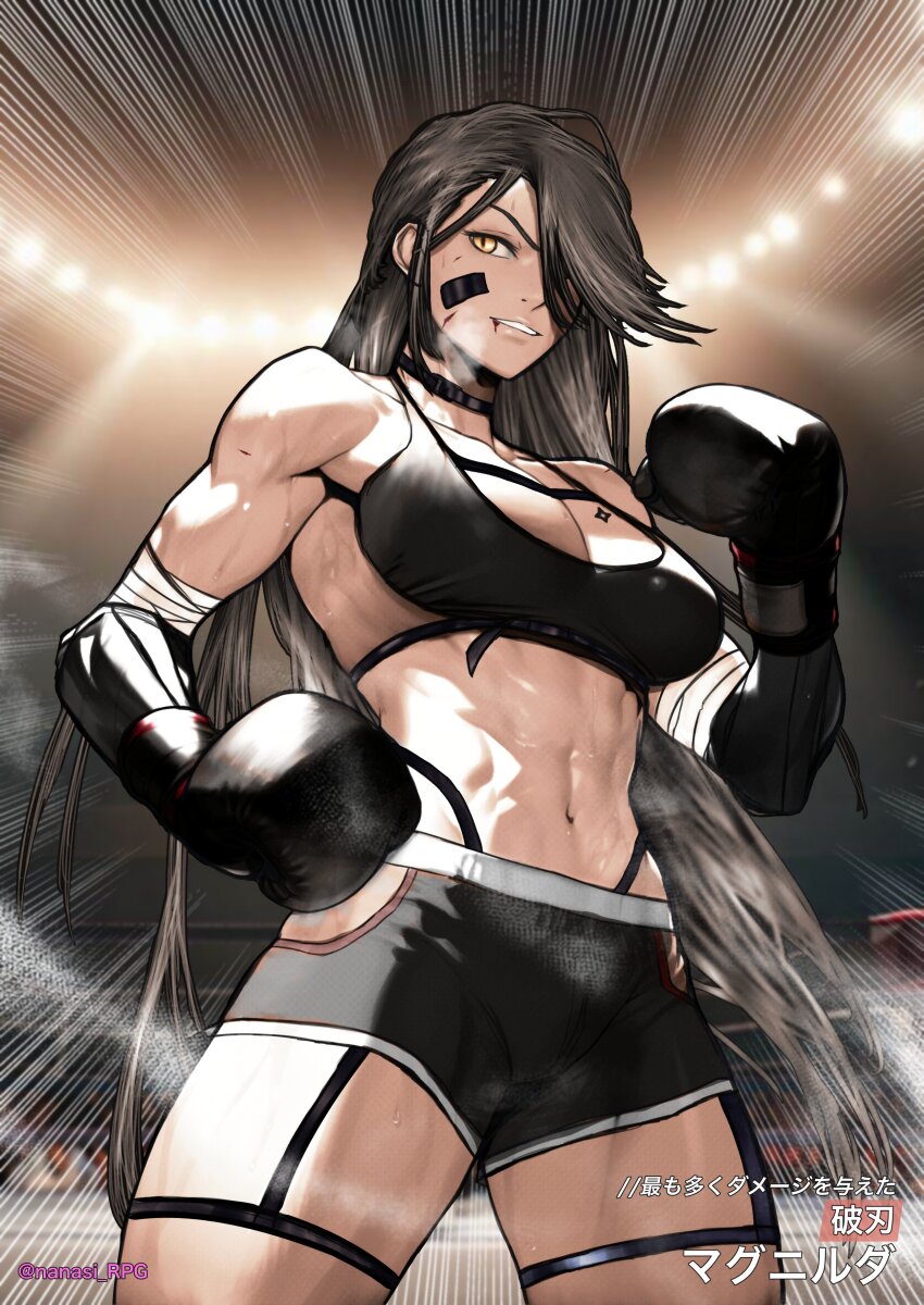 1girl, absurdres, bandaged_arm, bandages, bandaid, bandaid_on_face, boxing_gloves, boxing_shorts, breasts, brown_hair, cowboy_shot, dark-skinned_female, dark_skin, girls'_frontline, girls'_frontline_neural_cloud, hair_over_eyes, highres, long_hair, magnhilda_(neural_cloud), mechanical_arms, meimushi, motion_lines, muscular, muscular_female, navel, one_eye_covered, parted_lips, shorts, solo, speed_lines, twitter_username, yellow_eyes