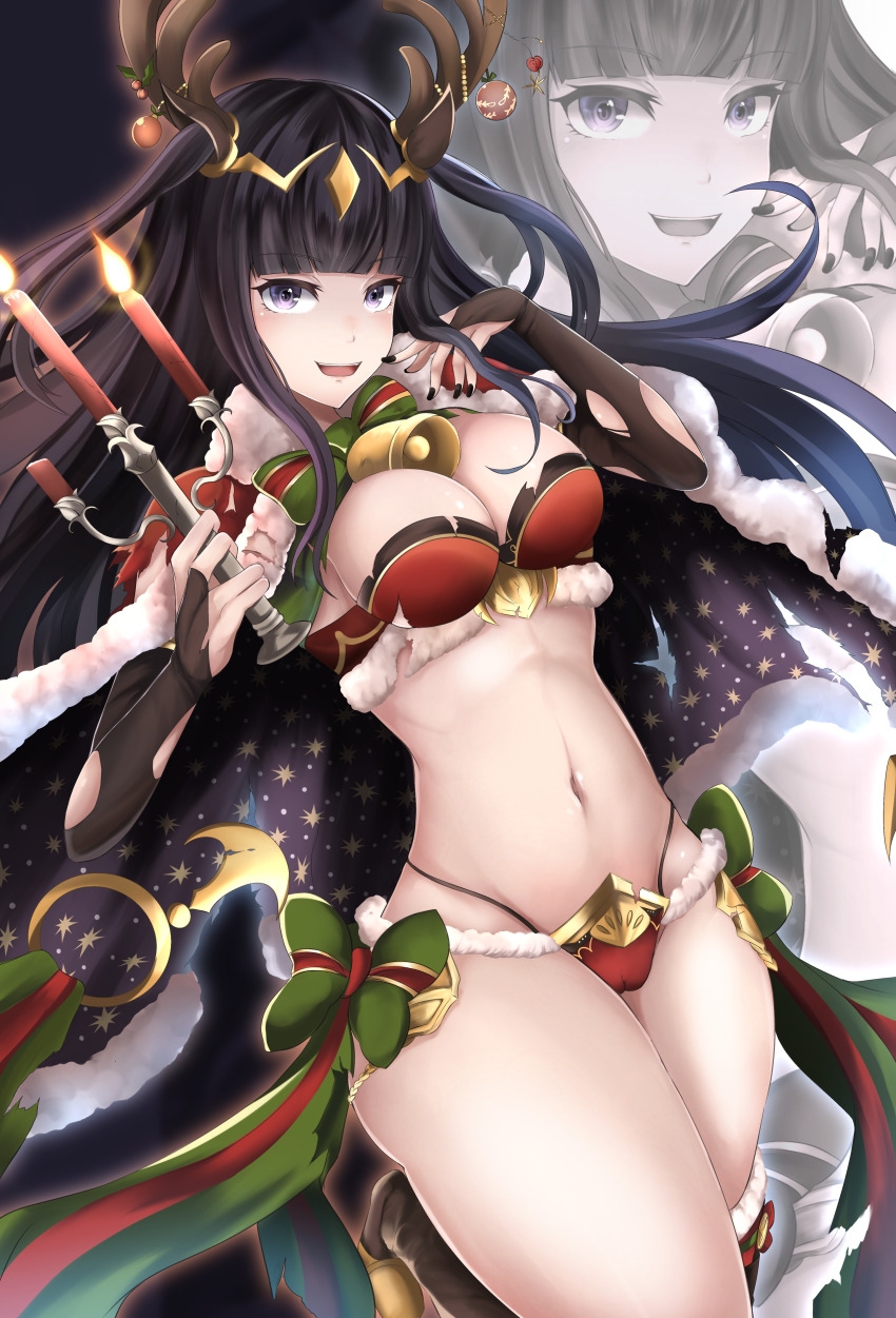 1girl, absurdres, antlers, bell, bikini, black_hair, blunt_bangs, bow, bowtie, breasts, bridal_gauntlets, candle, cape, christmas, circlet, cleavage, commentary_request, fake_antlers, fire, fire_emblem, fire_emblem_awakening, fire_emblem_heroes, fur-trimmed_bikini, fur-trimmed_cape, fur_trim, green_bow, green_bowtie, hair_ornament, highres, holding, holding_candle, horns, large_breasts, long_hair, looking_at_viewer, navel, neck_bell, nenemu0, nintendo, official_alternate_costume, open_mouth, purple_eyes, red_bikini, reindeer_antlers, smile, solo, stomach, swimsuit, teeth, tharja_(fire_emblem), tharja_("normal_girl")_(fire_emblem), thighs, torn_cape, torn_clothes, upper_teeth_only, very_long_hair