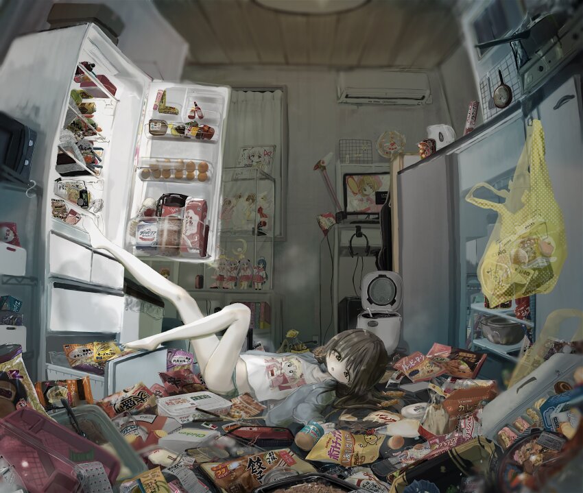 1girl, absurdres, bare_legs, barefoot, bishoujo_senshi_sailor_moon, black_hair, cardcaptor_sakura, food, highres, hiiragi_kagami, hiiragi_tsukasa, izumi_konata, kaname_madoka, kinomoto_sakura, legs_up, lucky_star, lying, mahou_shoujo_madoka_magica, messy, messy_room, original, panties, refrigerator, room, sailor_moon, shinanashina, shirt, t-shirt, takara_miyuki, tsukino_usagi, underwear