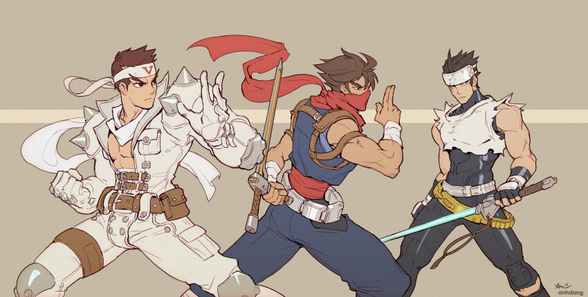 3boys, anh_dang, armband, bandana, belt, bodysuit, bracelet, brown_hair