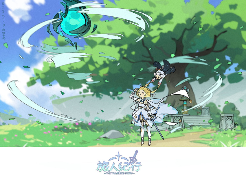 >_<, 2girls, arm_up, black_cape, black_gloves, blonde_hair, blue_sky, blurry