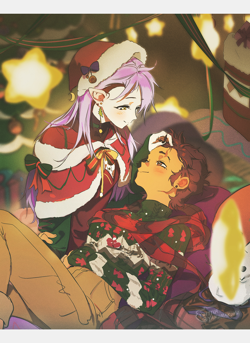 2girls, amity_blight, blush, brown_eyes, brown_hair, capelet, christmas, christmas_sweater