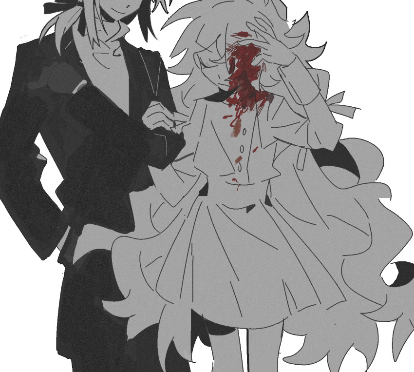 1boy, 1girl, blood, blood_on_clothes, blood_on_face, buttons, charlotte_wiltshire, closed_eyes, closed_mouth, eyelashes, formal_clothes, frei_(hello_charlotte), frown, gloves, greyscale, hair_ribbon, hand_in_pocket, hand_on_another's_arm, hand_on_own_head, hello_charlotte, highres, jacket, long_hair, long_sleeves, low_ponytail, messy_hair, miniskirt, monochrome, pants, ponytail, ribbon, shirt, short_ponytail, simple_background, sketch, skirt, smile, spot_color, suit, tiankong_yiji, turtleneck, v-shaped_eyebrows, very_long_hair, vest, white_background