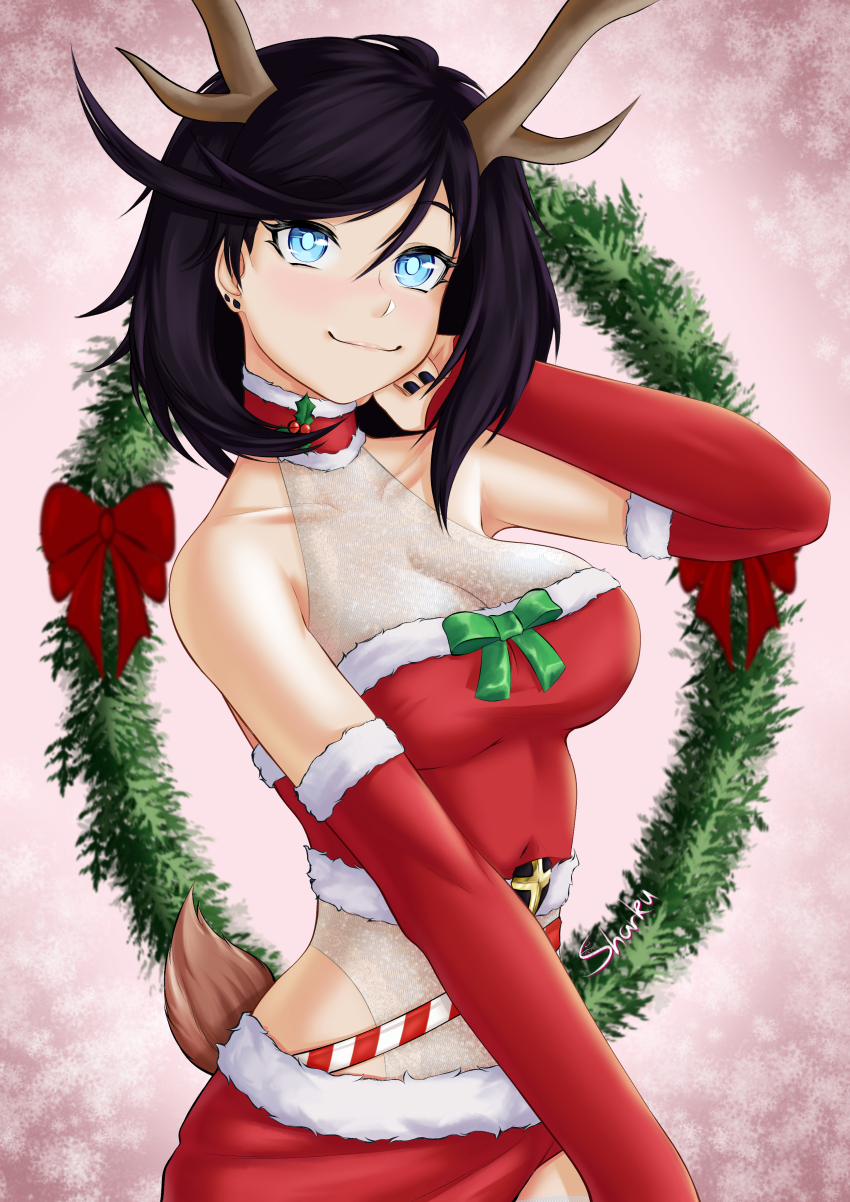 1girl, absurdres, antlers, black_hair, black_nails, blue_eyes, bow, bowtie