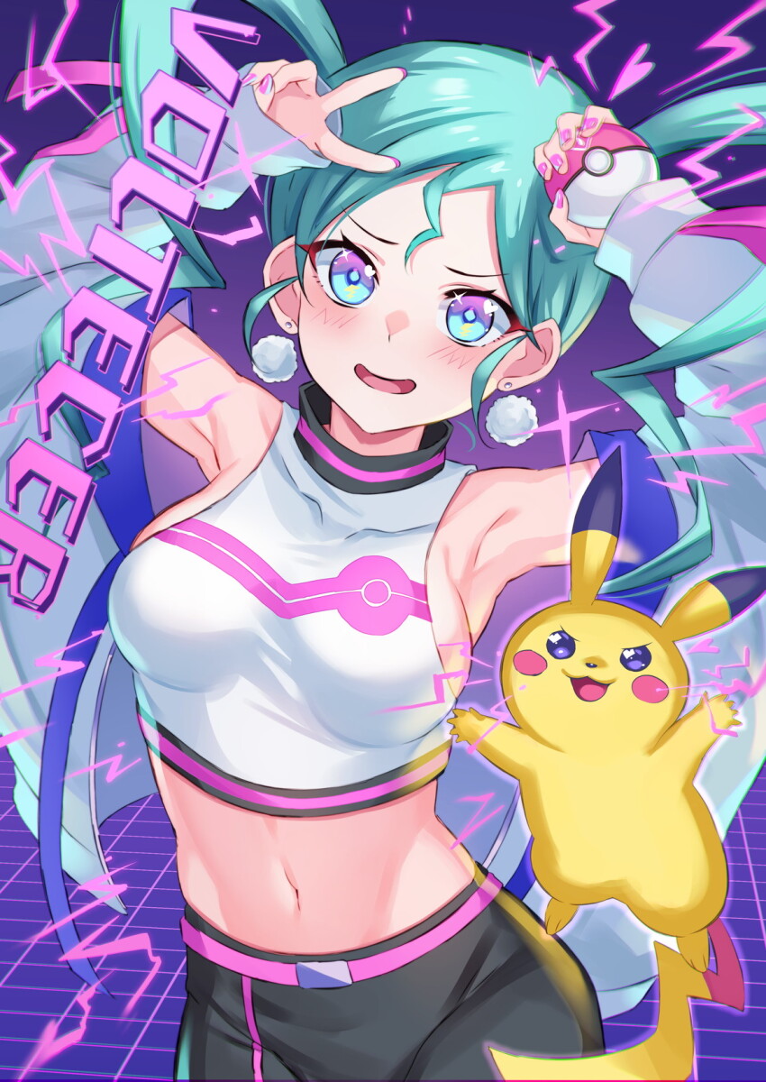 1girl, aqua_hair, belt, black_pants, blue_eyes, blush, breasts, commentary, crop_top, earrings, floating_hair, gen_1_pokemon, hatsune_miku, highres, holding, holding_poke_ball, inue_ao, jewelry, long_hair, looking_at_viewer, love_ball, medium_breasts, midriff, nail_polish, navel, nintendo, open_mouth, pants, pikachu, pink_belt, pink_nails, poke_ball, pokemon, pokemon_(creature), project_voltage, sideboob, standing, stomach, twintails, vocaloid, volt_tackle_(vocaloid)