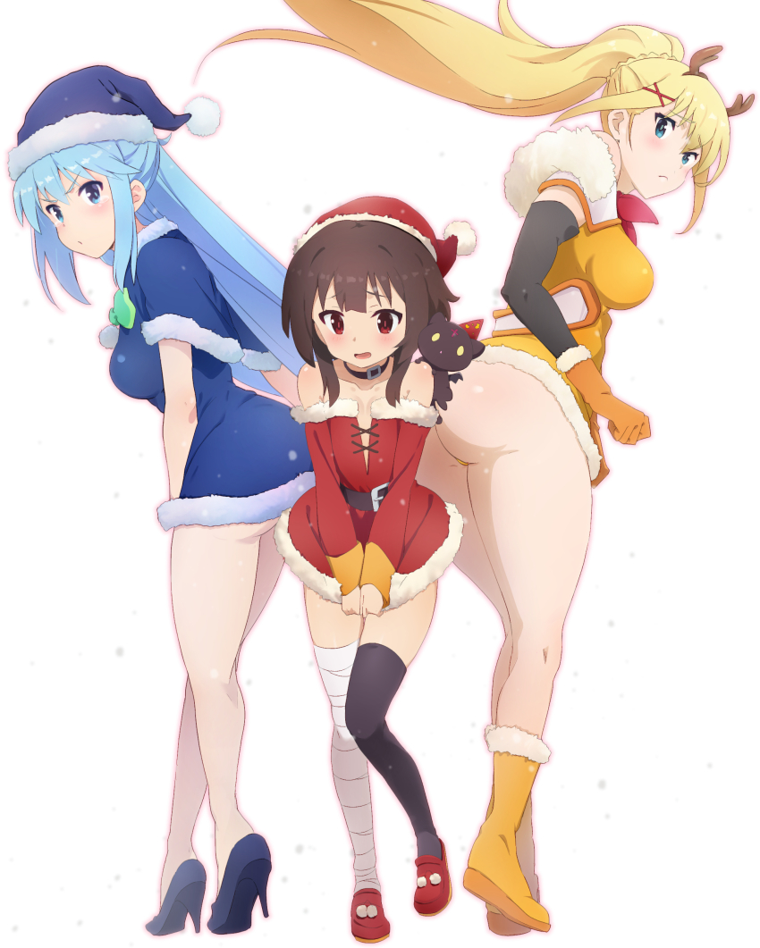 3girls, absurdres, adapted_costume, animal, animal_on_shoulder, antlers, aqua_(konosuba), aqua_eyes, ass, asymmetrical_legwear, bandaged_leg, bandages, bare_shoulders, black_choker, black_thighhighs, blonde_hair, blue_capelet, blue_dress, blue_eyes, blue_footwear, blue_hair, blush, boots, breasts, bright_pupils, brown_hair, capelet, cat, cat_on_shoulder, choker, chomusuke, christmas, closed_mouth, collarbone, curvy, darkness_(konosuba), dress, dress_tug, embarrassed, fake_antlers, feather-trimmed_sleeves, floating_hair, frown, full_body, fur-trimmed_dress, fur-trimmed_gloves, fur_trim, gloves, hair_between_eyes, hair_ornament, hat, high_heels, highres, horns, knees_together_feet_apart, kono_subarashii_sekai_ni_shukufuku_wo!, large_breasts, loafers, long_sleeves, looking_at_viewer, medium_breasts, megumin, mismatched_legwear, multiple_girls, open_mouth, orange_gloves, panties, pom_pom_footwear, red_dress, red_eyes, red_footwear, reindeer_antlers, santa_costume, santa_dress, santa_hat, shoes, short_dress, short_hair_with_long_locks, short_sleeves, simple_background, sleeveless, sleeveless_dress, snowing, standing, straight_hair, tears, thighhighs, thighs, toraya_(doujintraya), underwear, v-shaped_eyebrows, v_arms, white_background, x_hair_ornament, yellow_boots, zettai_ryouiki