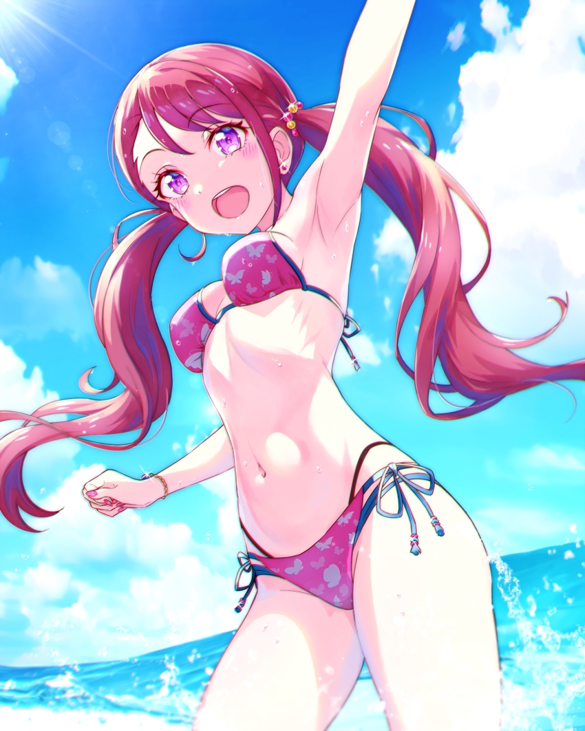1girl, alternate_hairstyle, arm_up, armpits, bare_arms, bikini, blue_sky, bracelet, cloud, cowboy_shot, day, earrings, floating_hair, floral_print, highres, hijiri_ageha, hirogaru_sky!_precure, jewelry, kyoutsuugengo, long_hair, multi-strapped_bikini_bottom, nail_polish, navel, open_mouth, outdoors, precure, print_bikini, purple_eyes, red_bikini, red_hair, red_nails, side-tie_bikini_bottom, sky, solo, sparkle, standing, summer, sunlight, swimsuit, twintails, very_long_hair, wading
