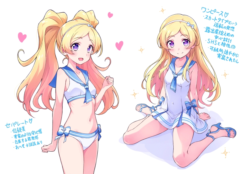 1girl, bare_arms, bare_legs, bikini, blonde_hair, blue_neckerchief, blue_sailor_collar, blush
