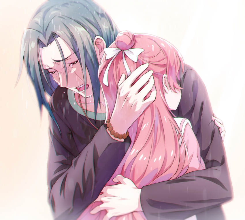 1boy, 1girl, battamonda, black_shirt, bracelet, crying, grey_hair, half-closed_eyes