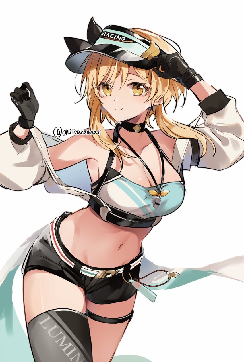 1girl, arm_up, bare_shoulders, black_choker, black_gloves, black_shorts, blonde_hair, camisole