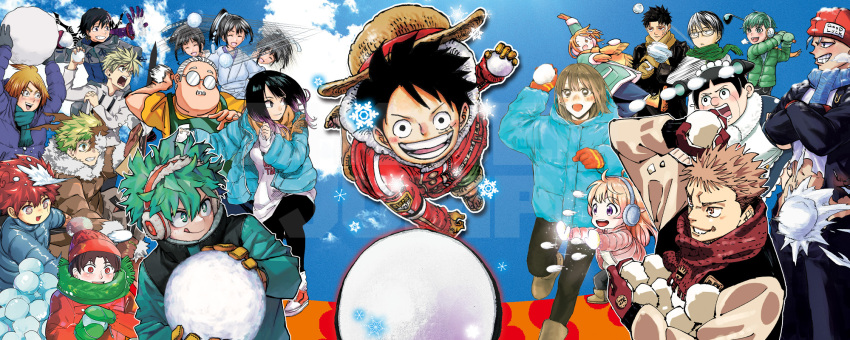 6+boys, 6+girls, :d, akane-banashi, andy_(undead_unluck), angou_gakuen_no_iroha, ao_no_hako, asumi_kakeru, asumi_nito, black_hair, blue_coat, blue_scarf, blue_sky, boku_no_hero_academia, boku_to_roboco, character_request, coat, convenient_censoring, copyright_request, corl, corleo_(mamayuyu), crossed_arms, dodging, earmuffs, facial_hair, gradient_hair, green_green_greens, green_hair, green_scarf, highres, houjou_tokiyuki_(nige_jouzu_no_wakagimi), irohazaka_iroha, itadori_yuji, jujutsu_kaisen, kagurabachi, kano_chinatsu, kill_blue, long_sleeves, mamayuyu, medium_hair, midoriya_izuku, midriff, mittens, monkey_d._luffy, motion_blur, multicolored_hair, multiple_boys, multiple_girls, mustache, nige_jouzu_no_wakagimi, nue_no_onmyouji, official_art, one_piece, oogami_juzo, open_mouth, osaki_akane_(akane-banashi), purple_eyes, purple_hair, red_eyes, red_headwear, roboco_(boku_to_roboco), rokuhira_chihiro, ruirui_senki, sakamoto_days, sakamoto_taro, scarf, shirt, sky, smile, snowball, snowflakes, throwing, two_on_ice, undead_unluck, wakatsuki_niko, watermark, shounen_jump, white_shirt, witch_watch, yajima_gakuro