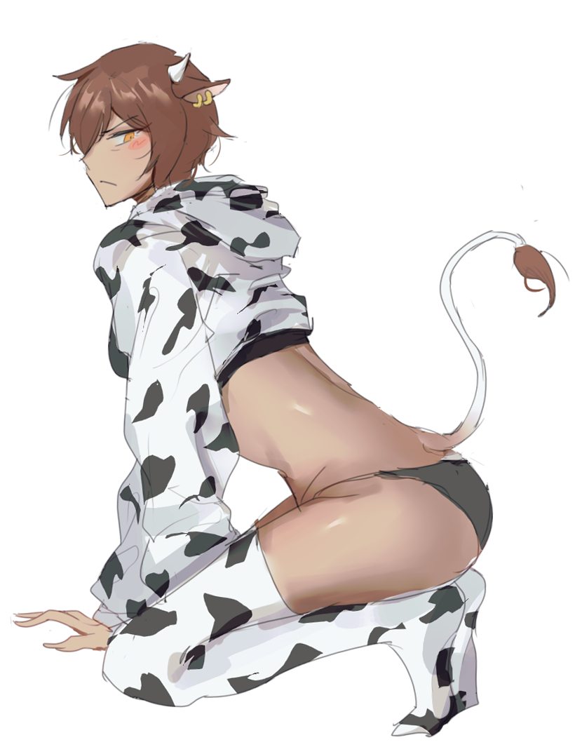 1girl, animal_print, ass, black_panties, brown_hair, cow_print, cow_tail, cropped_hoodie, d_(3i135), dark-skinned_female, dark_skin, hood, hoodie, kneeling, limbus_company, long_sleeves, looking_at_viewer, outis_(project_moon), panties, print_hoodie, print_thighhighs, project_moon, short_hair, simple_background, solo, tail, thighhighs, underwear, white_background, white_hoodie
