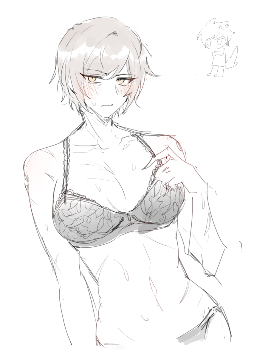 1girl, black_bra, black_panties, bra, breasts, brown_eyes, brown_hair, closed_mouth, collarbone, cowboy_shot, d_(3i135), embarrassed, lace, lace-trimmed_bra, lace_trim, large_breasts, limbus_company, looking_at_viewer, multiple_views, outis_(project_moon), panties, project_moon, short_hair, simple_background, sweat, underwear, underwear_only, white_background