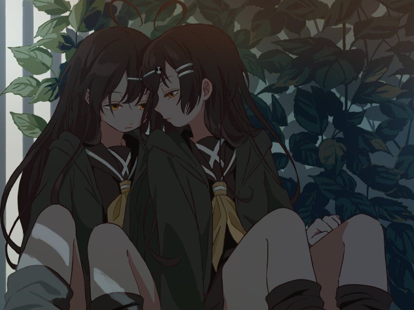 2girls, ahoge, black_hair, black_hoodie, black_sailor_collar, black_serafuku, black_sheep_town, black_socks, closed_mouth, commentary, crack_of_light, expressionless, feet_out_of_frame, haigami_eriko, haigami_rieko, hair_ornament, hairclip, half-closed_eyes, hand_on_own_leg, hide_tani, highres, hood, hood_down, hoodie, knees_up, long_hair, looking_at_another, looking_to_the_side, loose_socks, matching_outfits, multiple_girls, neckerchief, open_clothes, open_hoodie, orange_eyes, plant, profile, sailor_collar, school_uniform, serafuku, siblings, side-by-side, sitting, socks, twins, vines, window_shadow, yellow_neckerchief