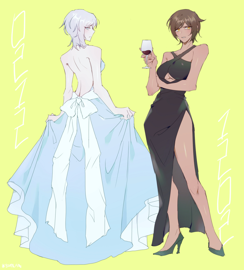 2girls, backless_dress, backless_outfit, black_dress, blue_eyes, bow, brown_hair, closed_mouth, clothing_cutout, criss-cross_halter, cup, d_(3i135), dark-skinned_female, dark_skin, dress, drinking_glass, faust_(project_moon), full_body, halter_dress, halterneck, highres, holding, holding_cup, limbus_company, looking_at_viewer, multiple_girls, outis_(project_moon), parted_lips, project_moon, short_hair, simple_background, sleeveless, sleeveless_dress, underboob_cutout, white_bow, white_dress, white_hair, wine_glass, yellow_background