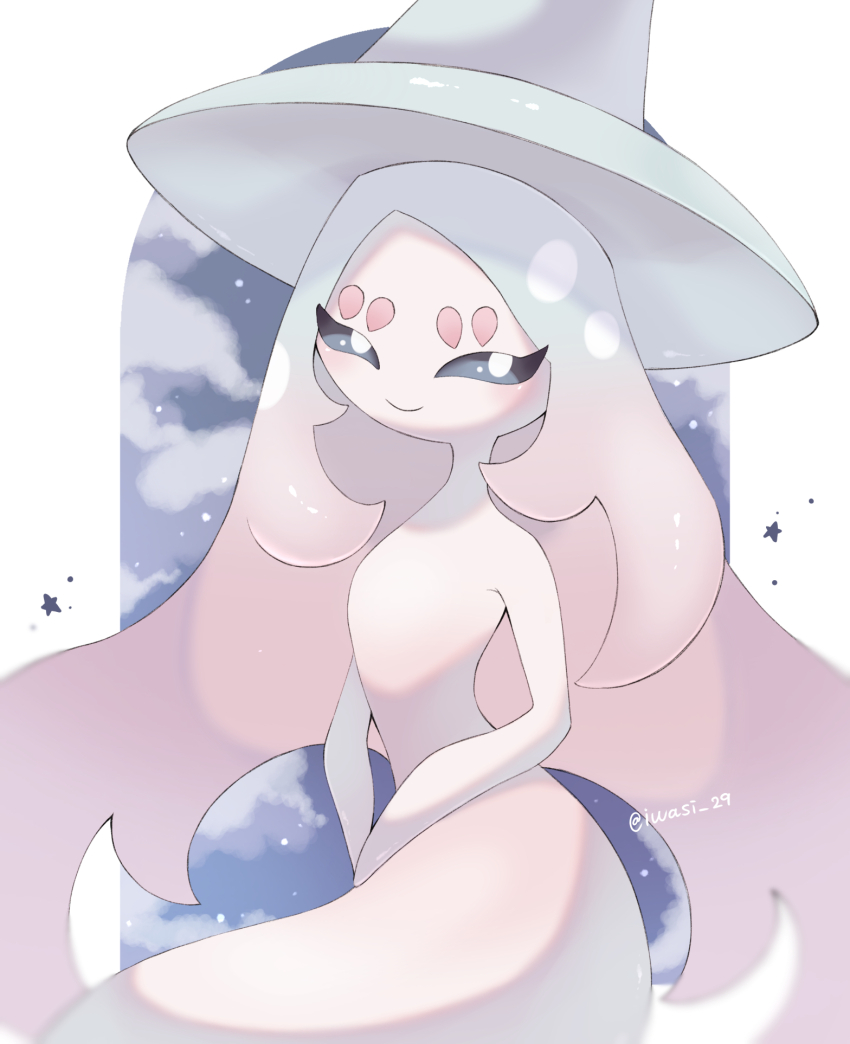 animal_focus, artist_name, blue_skin, blue_sky, closed_mouth, cloud, colored_skin, commentary_request, gen_8_pokemon, gradient_skin, hatterene, highres, iwasi_29, multicolored_skin, night, nintendo, no_humans, pink_skin, pokemon, pokemon_(creature), sitting, sky, smile, star_(symbol), twitter_username, two-tone_skin, white_background