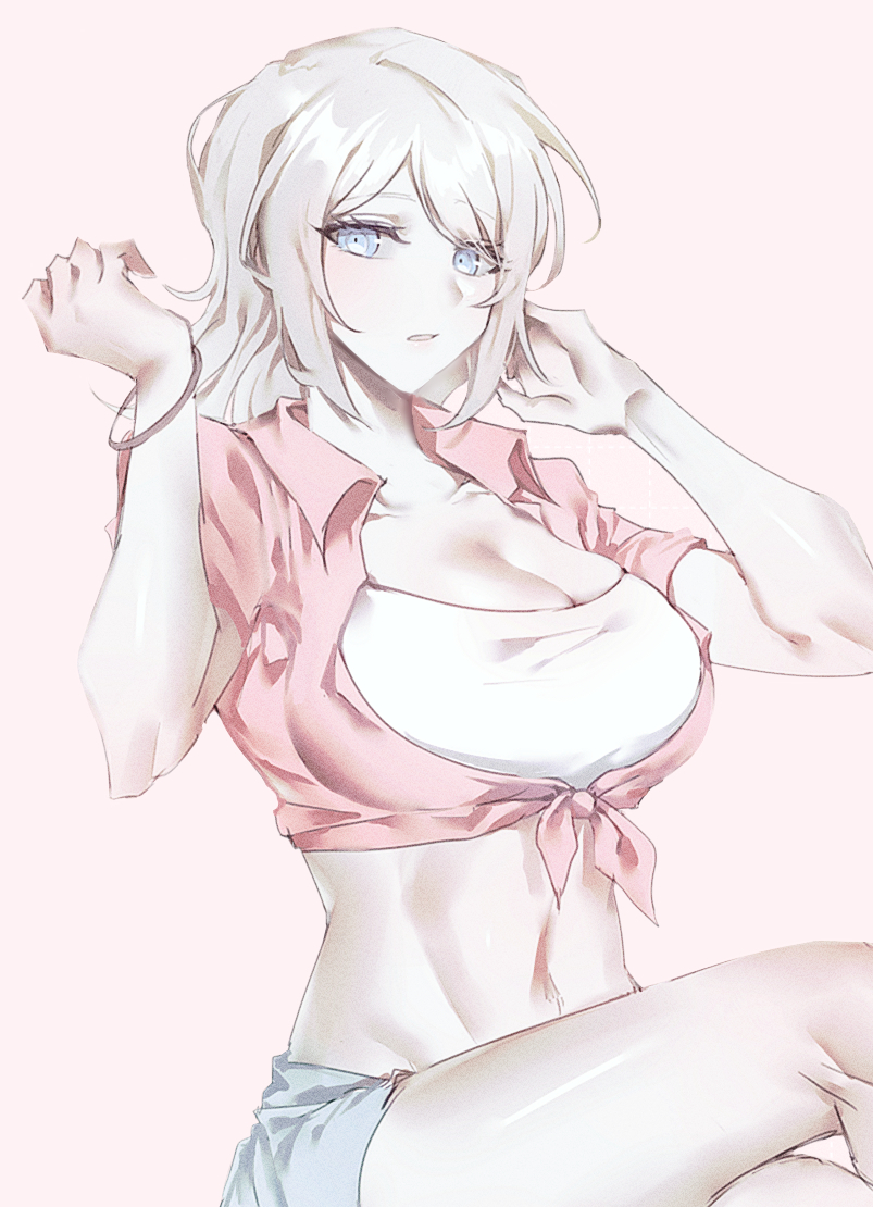 1girl, blue_eyes, blue_shorts, breasts, cleavage, cropped_shirt, d_(3i135), faust_(project_moon)