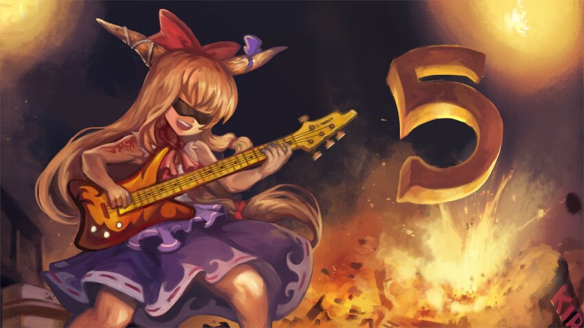 1girl, :d, bass_guitar, blonde_hair, bow, brown_horns, commentary_request, cookie_(touhou)