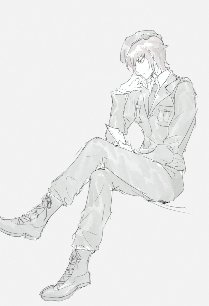 1girl, beanie, black_boots, black_hat, black_jacket, black_pants, boots, brown_hair