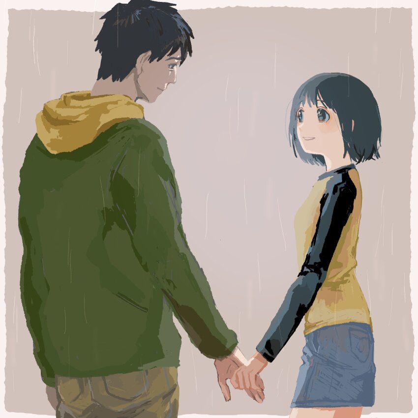 1boy, 1girl, aquiline_nose, black_hair, black_sleeves, border, brown_background, brown_pants