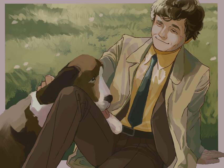 1boy, arm_support, basset_hound, black_necktie, border, brown_coat, brown_hair, brown_pants, brown_suit, coat, collared_shirt, columbo, commentary, curly_hair, day, dog, suit_pants, formal_clothes, grass, grey_border, hide_tani, highres, jacket, knee_up, lieutenant_columbo, long_sleeves, looking_at_animal, male_focus, necktie, old, old_man, on_ground, one_eye_closed, open_clothes, open_coat, open_jacket, outdoors, outside_border, pants, petting, shirt, short_hair, sitting, smile, solo, suit, suit_jacket, thick_eyebrows, trench_coat, wrinkled_skin, yellow_shirt