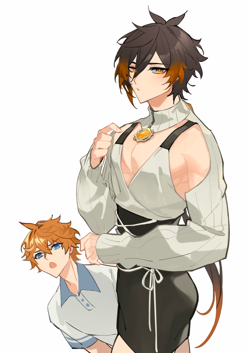 2boys, absurdres, crossdressing, crossdressing_(mtf), genshin_impact, highres, looking_at_viewer, male_focus, multiple_boys, revealing_clothes, tartaglia_(genshin_impact), white_background, yaoi, yewood, zhongli_(genshin_impact)