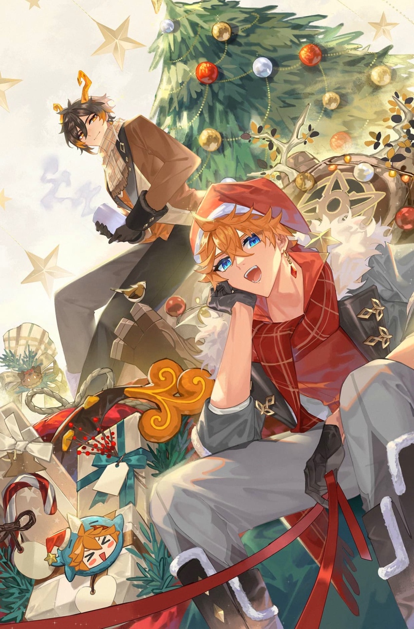 2boys, alternate_costume, christmas, christmas_tree, cup, dragon_horns, dragon_tail, genshin_impact
