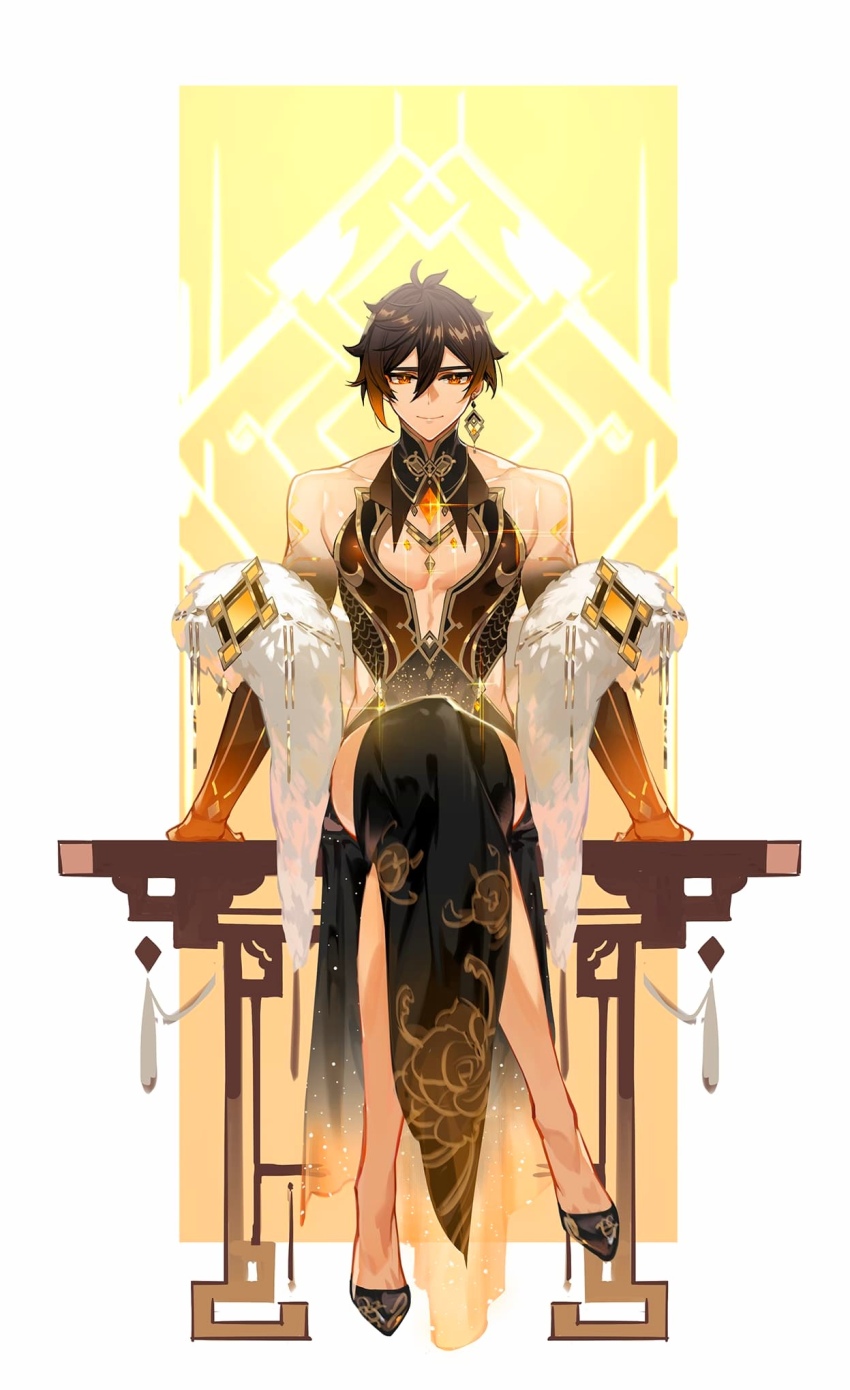 1boy, bare_shoulders, chinese_clothes, crossdressing, crossdressing_(mtf), full_body, fur_boa, genshin_impact