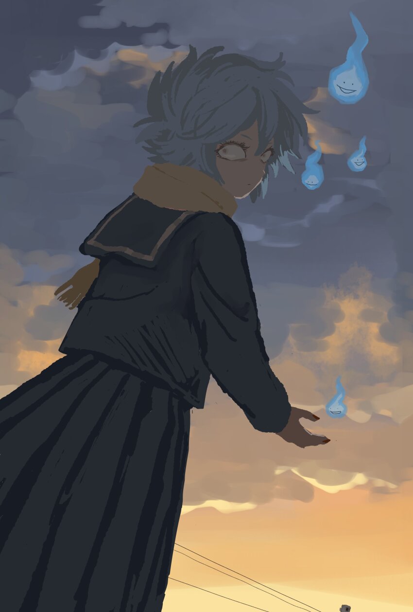 1girl, absurdres, black_sailor_collar, black_serafuku, black_shirt, blue_hair, closed_mouth, cloud