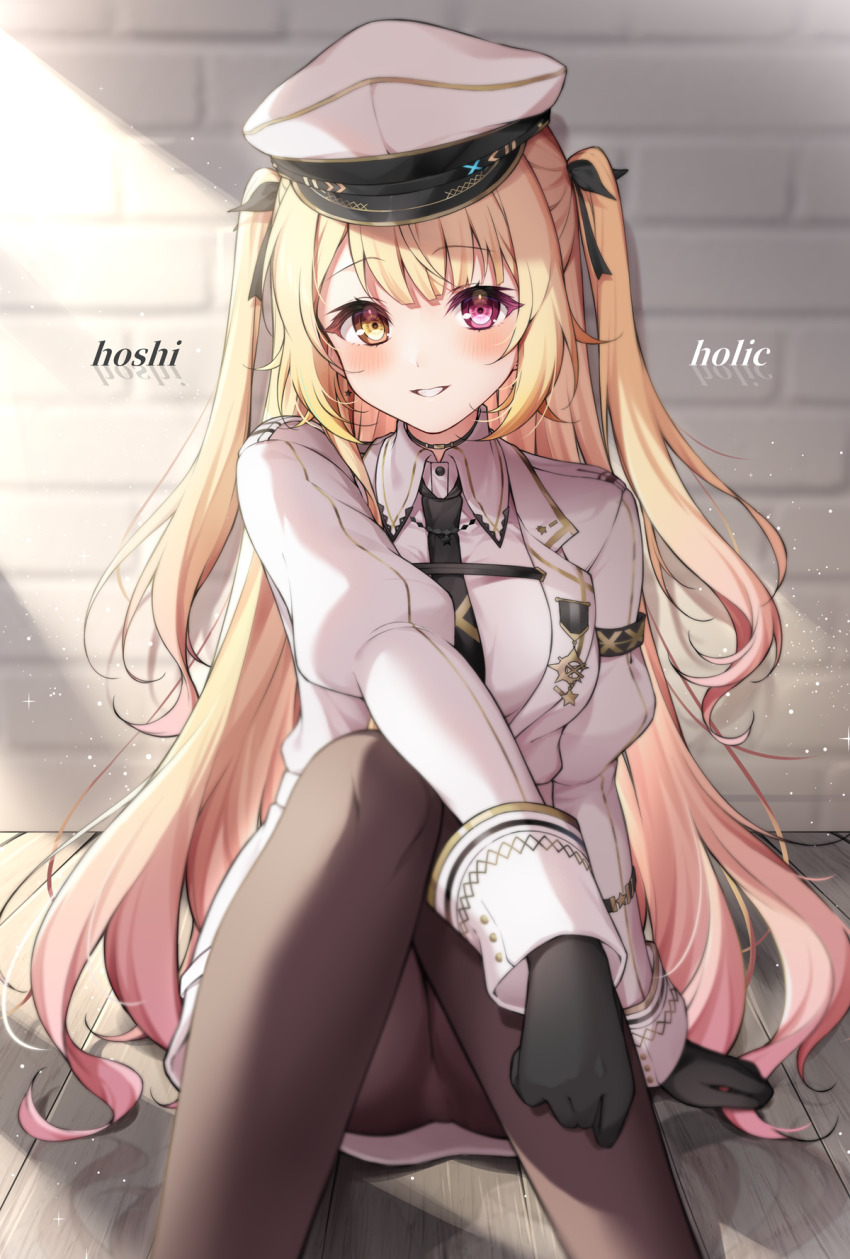 1girl, against_wall, arm_support, black_gloves, black_pantyhose, blonde_hair, blush, brick_wall, commentary, english_commentary, feet_out_of_frame, gloves, gradient_hair, heterochromia, highres, hoshikawa_sara, hoshikawa_sara_(6th_costume), long_hair, long_sleeves, looking_at_viewer, military_uniform, multicolored_hair, nijisanji, pantyhose, pink_eyes, pink_hair, sitting, smile, solo, two_side_up, very_long_hair, virtual_youtuber, white_headwear, yellow_eyes, zky_(oekaky)