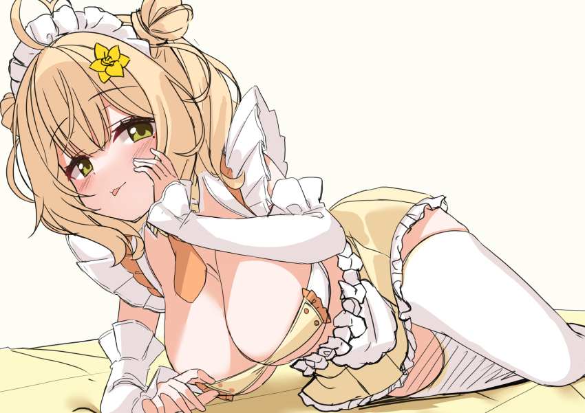 1girl, :p, ahoge, anto_mel, apron, aria_(koiiroharemoyou), arm_support, blush