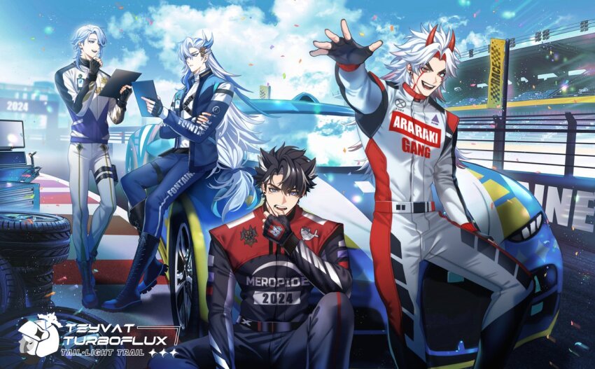 2024, 4boys, arataki_itto, arm_up, black_footwear, black_gloves, black_hair, black_jumpsuit