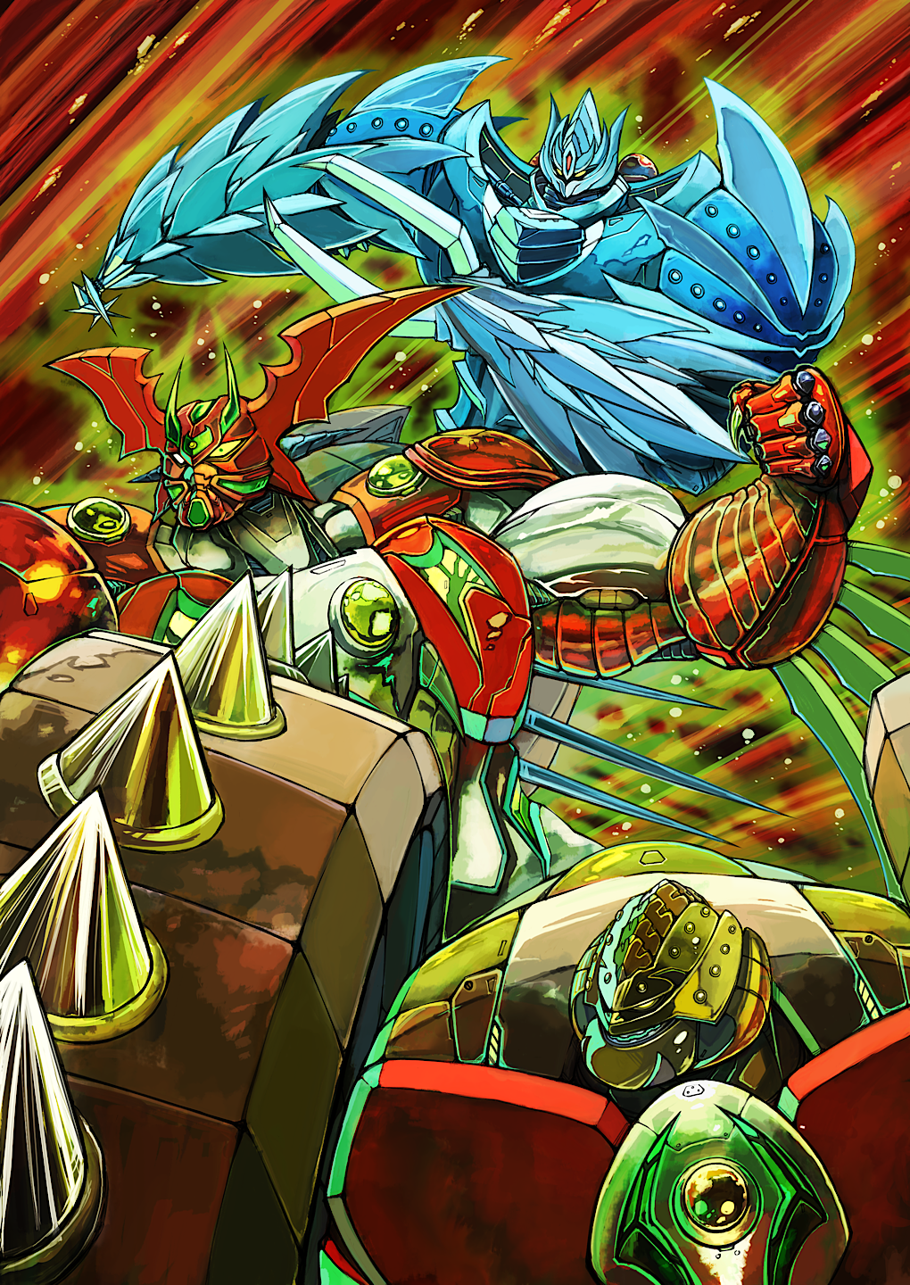 aura, gattai, getter_arc, getter_khan, getter_robo, getter_robo_arc, highres, ishikawa_ken_(character), ishikawa_ken_(style), mecha, mecha_focus, multiple_robots, no_humans, robot, science_fiction, shin_getter_tarak, simple_background, super_robot, yamanushi