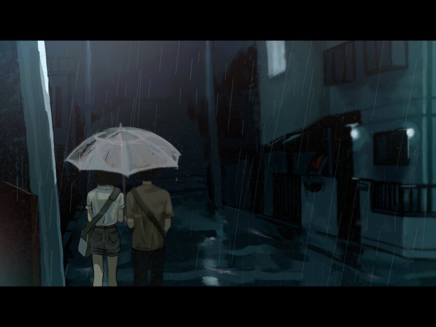 1boy, 1girl, bag, black_hair, black_pants, brown_shirt, character_request, check_character