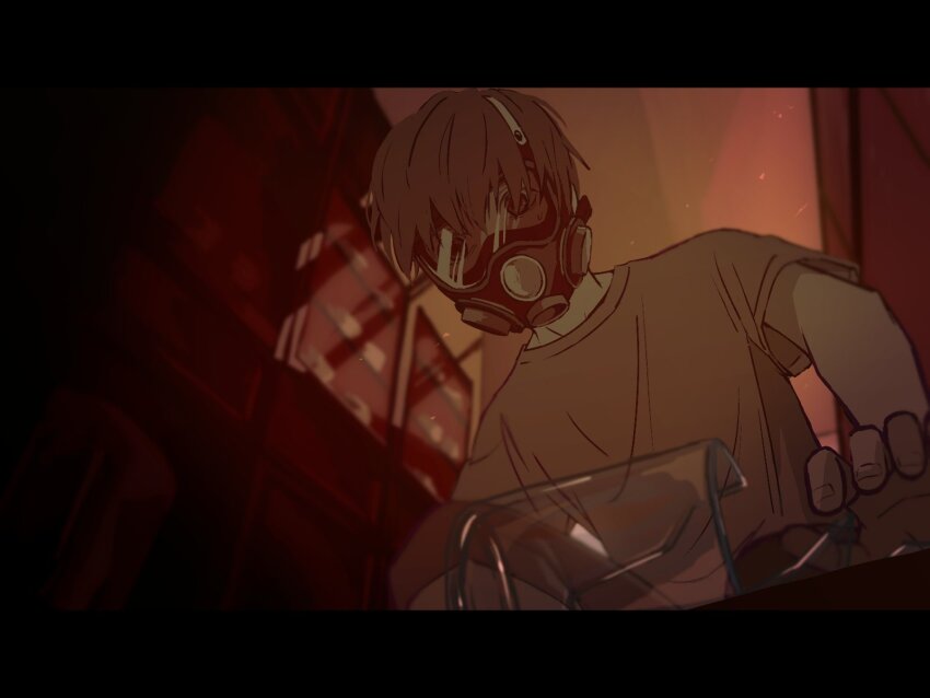 1boy, broken_cup, brown_hair, brown_shirt, cabinet, commentary_request, covered_face, cup