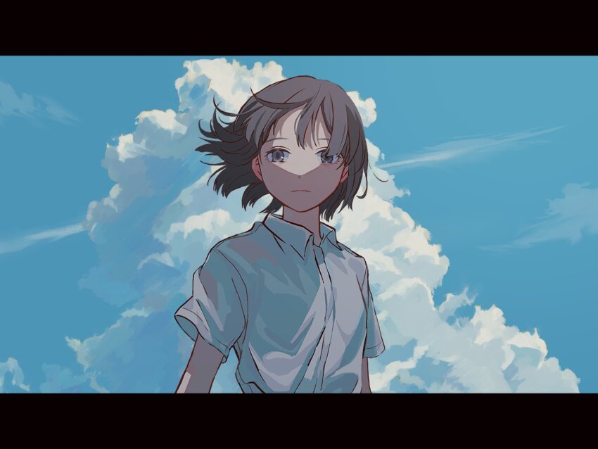 1girl, blue_sky, brown_eyes, brown_hair, character_request, check_character, closed_mouth, cloud