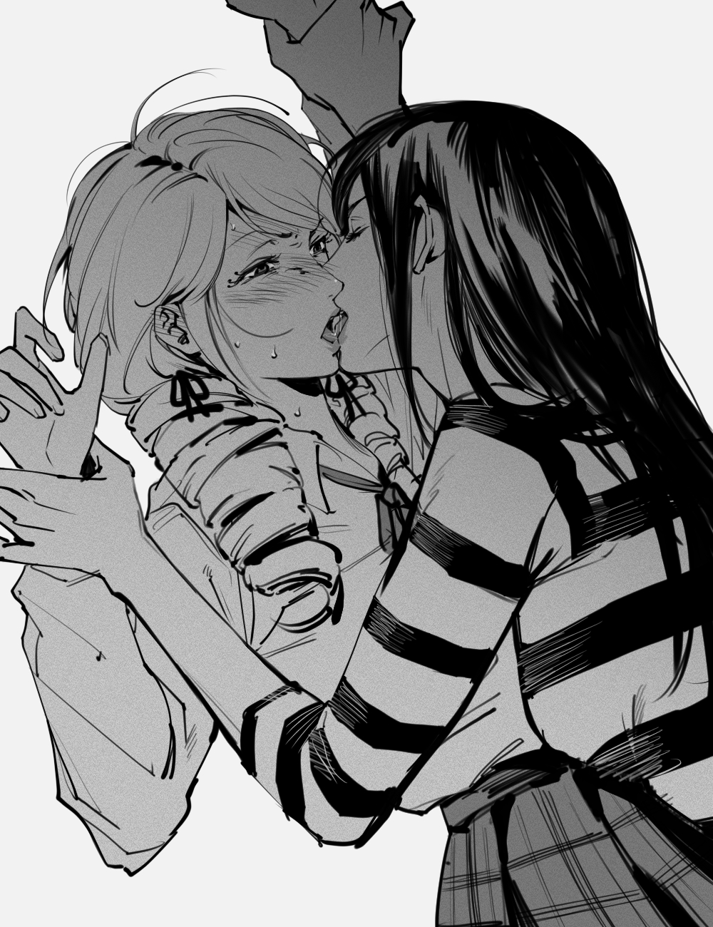 2girls, blush, closed_eyes, drill_hair, ear_blush, french_kiss, highres, holding_another's_wrist