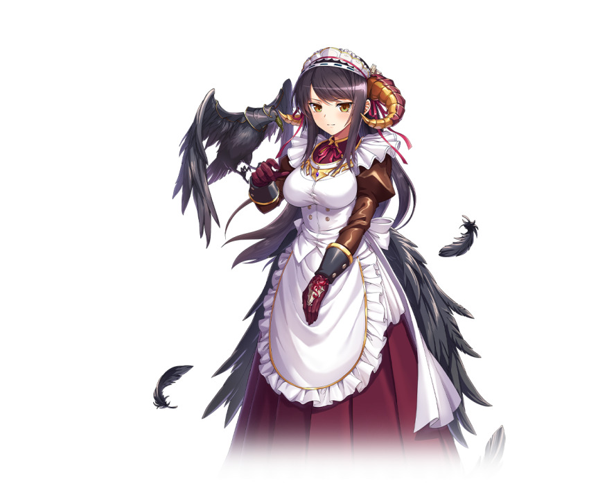 1girl, amon_(kamihime_project), apron, artist_request, bird, black_feathers, black_hair, black_wings