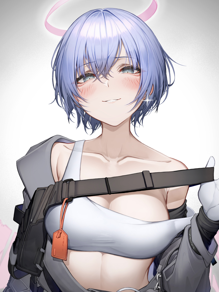 1girl, absurdres, arknights, blue_hair, breasts, cleavage, collarbone, commentary_request, crop_top, gradient_background, grey_background, grey_eyes, grin, halo, hand_up, highres, looking_at_viewer, midriff, parted_lips, partial_commentary, short_hair, smile, solo, sports_bra, spuria_(arknights), strap_slip, tab_head