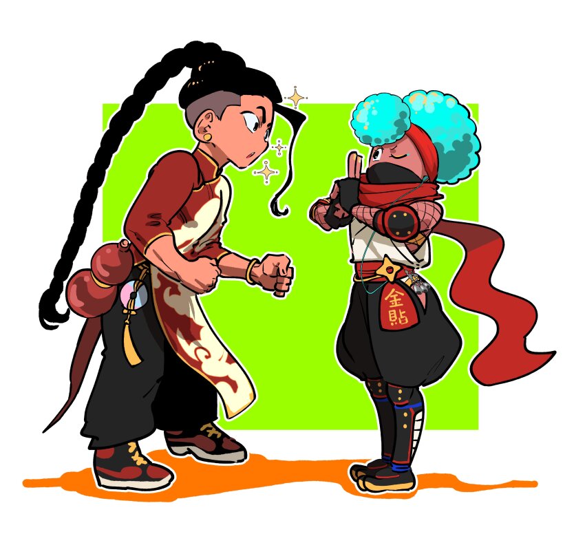 1boy, 1girl, absurdres, afro, blue_hair, braid, caxqov, chinese_clothes