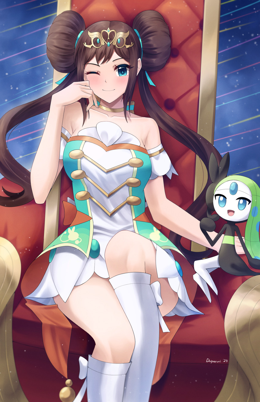 1girl, ;), bare_shoulders, blue_eyes, brown_hair, chair, collarbone, doiparuni